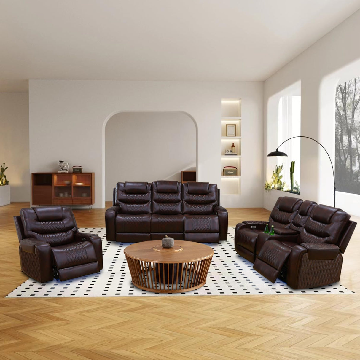 GEBADOL Power Recliner Sofa Set, Leather Recliners with Built-in USB Ports/Storage Console, Reclining Couch Set for Living Room/Home Theatre/Office (Brown, Sofa+LOVESEAT+Chair) GEBADOL