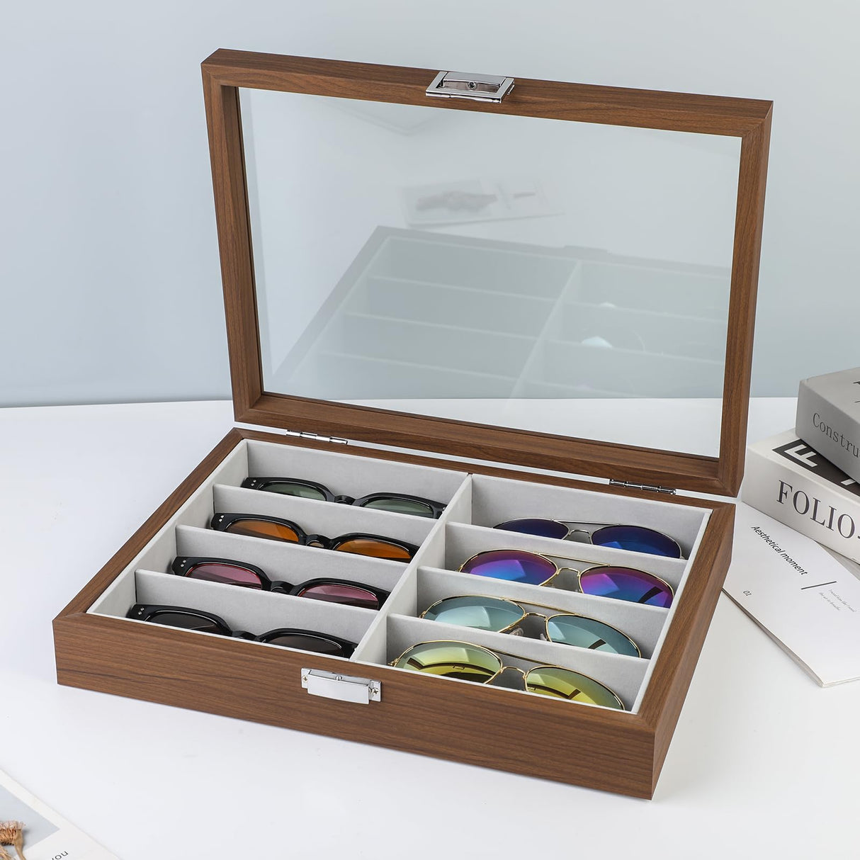 BAOJULONG Wooden Sunglasses Organizer Box, Eyewear Display Eyeglass Case for Men Women, Glasses Storage Box Sunglass Holder Gifts (8 Slots) BAOJULONG