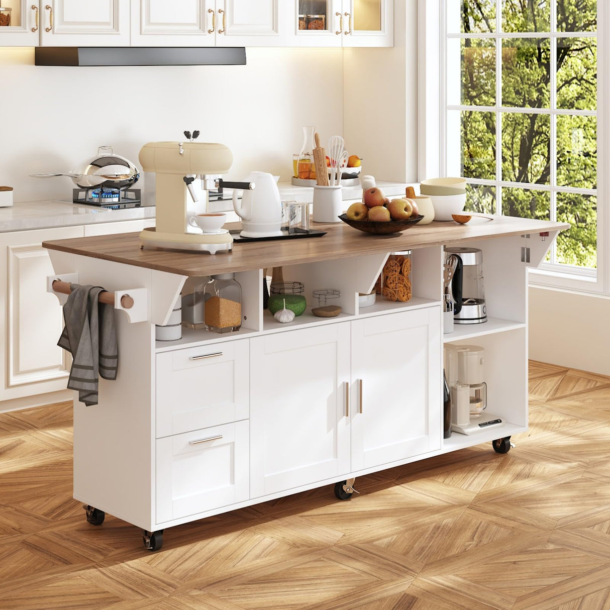 JOIKUJIA Rolling Kitchen Island Cart with Storage, Mobile Kitchen Island on Wheels with Drop Leaf & 2 Drawers, Adjustable Shelf, Towel Rack & Brown Tabletop, White, 70.9”W x 31.7”D x 31.6”H JOIKUJIA