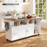 JOIKUJIA Rolling Kitchen Island Cart with Storage, Mobile Kitchen Island on Wheels with Drop Leaf & 2 Drawers, Adjustable Shelf, Towel Rack & Brown Tabletop, White, 70.9”W x 31.7”D x 31.6”H JOIKUJIA
