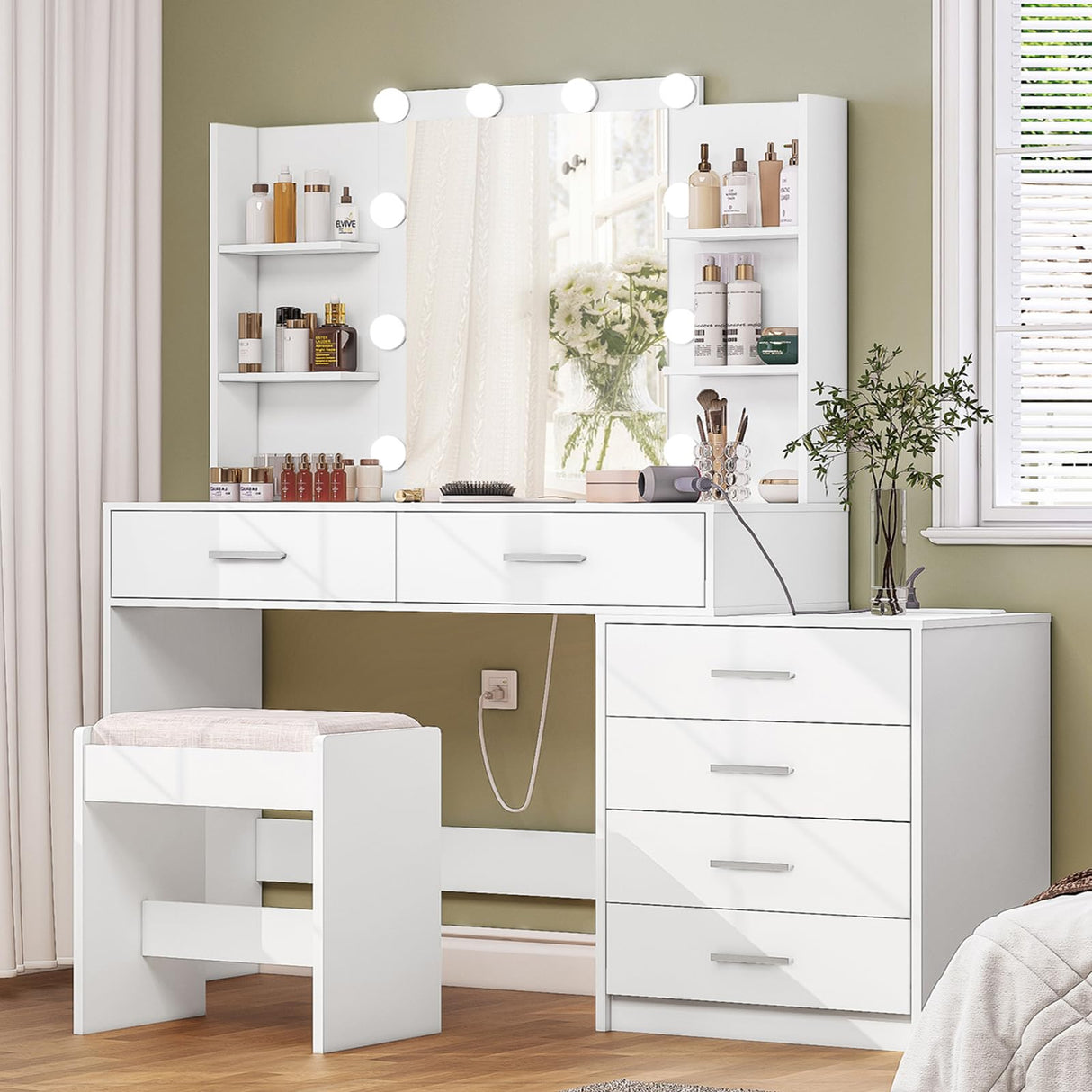 FIONESO Vanity Desk with Mirror & Lights, Makeup Vanity with 6 Drawers, 6 Open Shelves and Power Outlet, 48” Storage Makeup Vanity Desk with Stool Bench for Women, Girls, Bedroom, White FIONESO