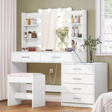 FIONESO Vanity Desk with Mirror & Lights, Makeup Vanity with 6 Drawers, 6 Open Shelves and Power Outlet, 48” Storage Makeup Vanity Desk with Stool Bench for Women, Girls, Bedroom, White FIONESO