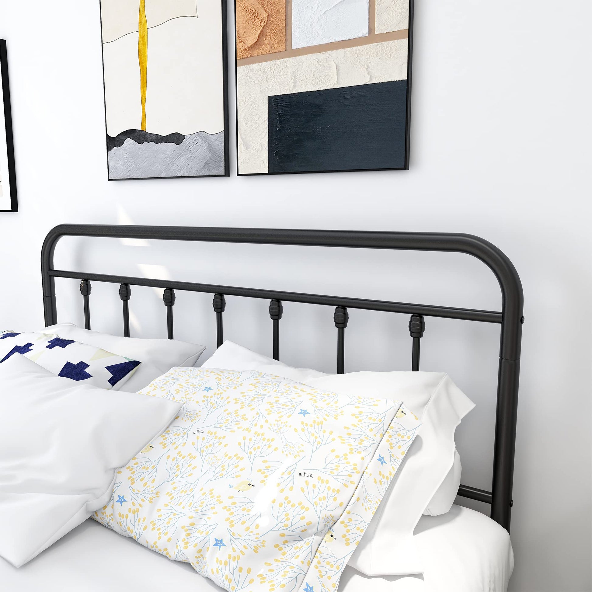 DUMEE Textured Black Metal Queen Bed Frame with Vintage Headboard & Footboard, No Box Spring Needed - WoodArtSupply