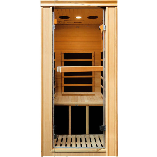 1 Person Sauna Room Easy to Install Far Infrared Sauna For Home Spa Carbon Heated Hemlock Wood With Glass Door Bluetooth Loudspeaker and Time Temperature LED Control Panel 110V980W 27.6*32.7*62.2 inch