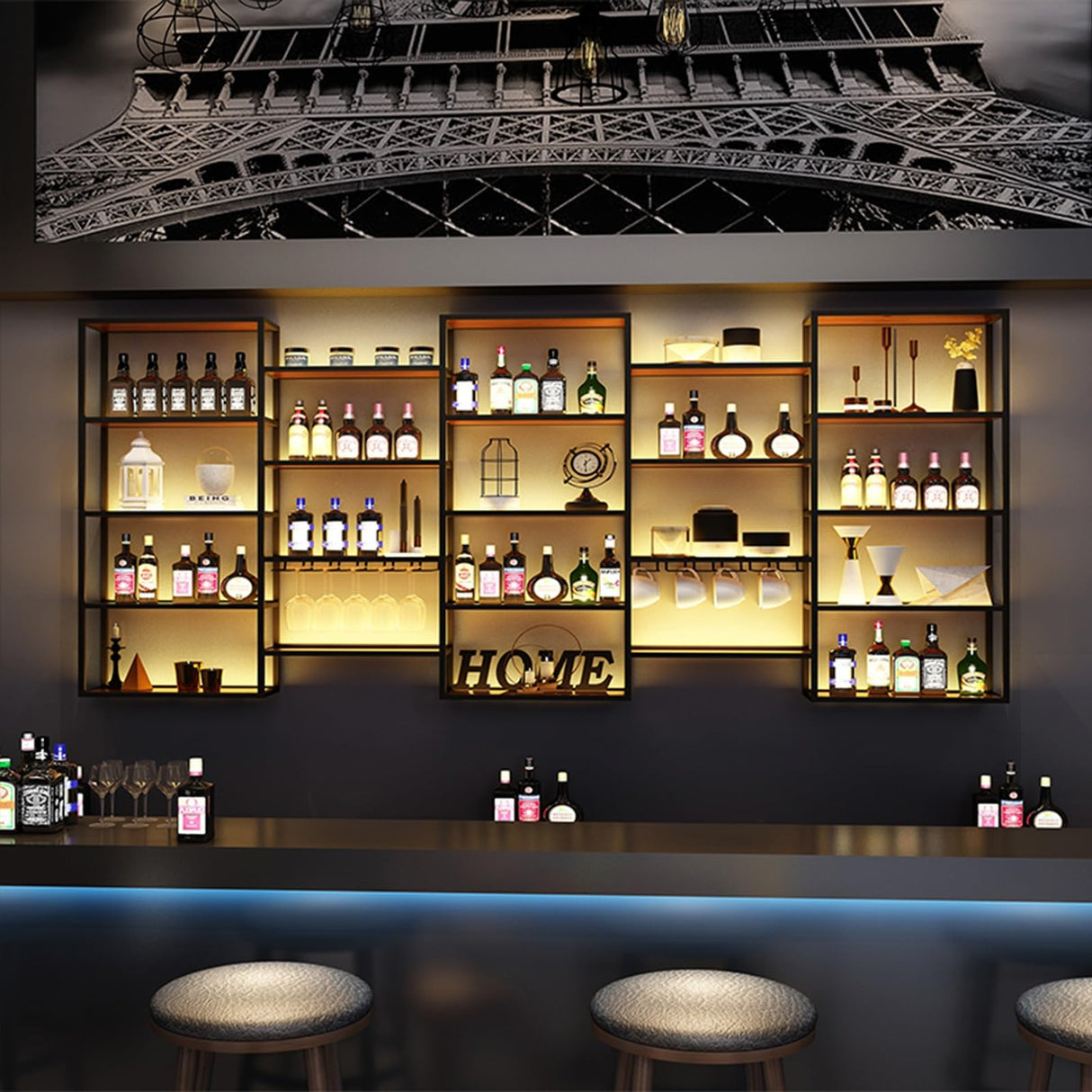 SEIFE Suspended metal display shelf ，living room liquor cabinet for wall，metal bar shelves with led light，liquor wall shelf with wine glass rack，Living room, bar, kitchen, restaurant(150cm/59in) SEIFE