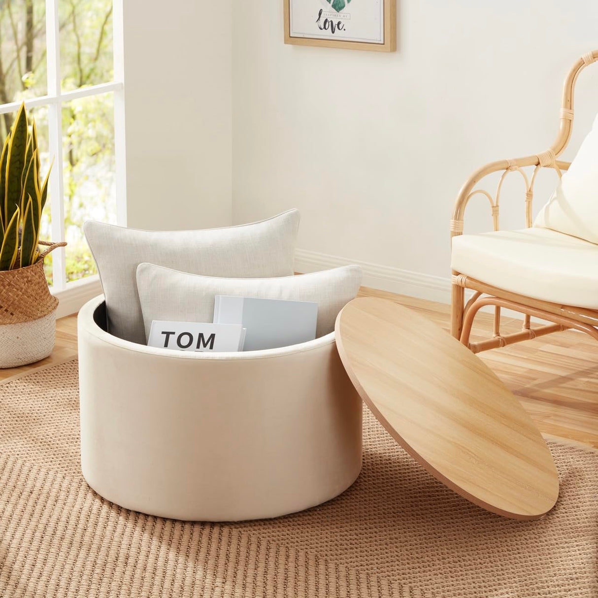 Ornavo Home 22 inch Large Round Ottoman Coffee Table Storage Ottoman with Wooden Lift Off Lid, Ottoman with Storage for Living Room, Bedroom and Office, Velvet Cream Ornavo Home