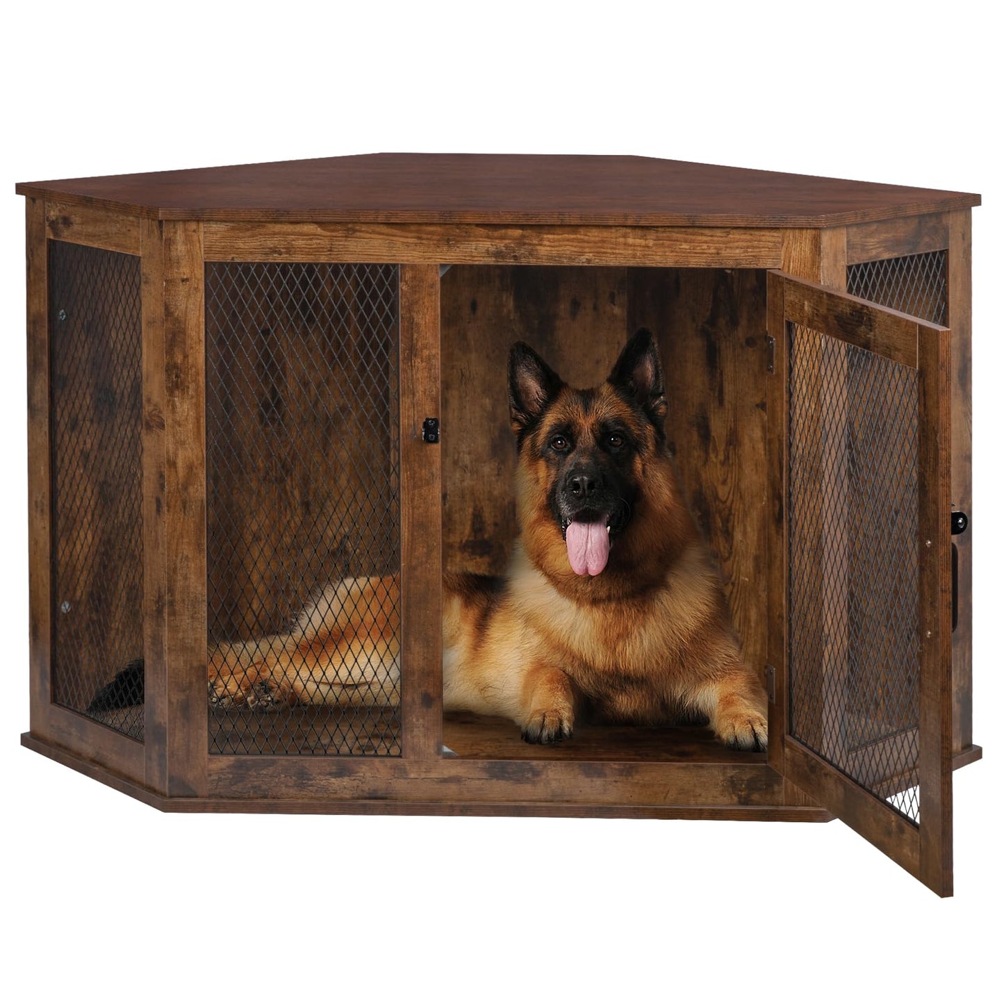 OFIKA Corner Dog Crate Furniture, Wooden Corner Dog Kennel Side End Table with Metal Mesh,Indoor Pet Crates Corner Side Table for Small Medium Large Dogs (Brown, 27.6" D x 52" W x 29.1" H) - WoodArtSupply