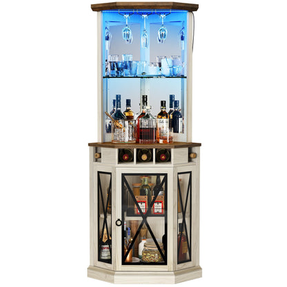 YITAHOME Corner Bar Cabinet with LED Lights, 72" Tall Farmhouse Wine Bar Cabinet w/Visualization Glass Door & Adjustable Shelves, Home Bar w/Wine and - WoodArtSupply