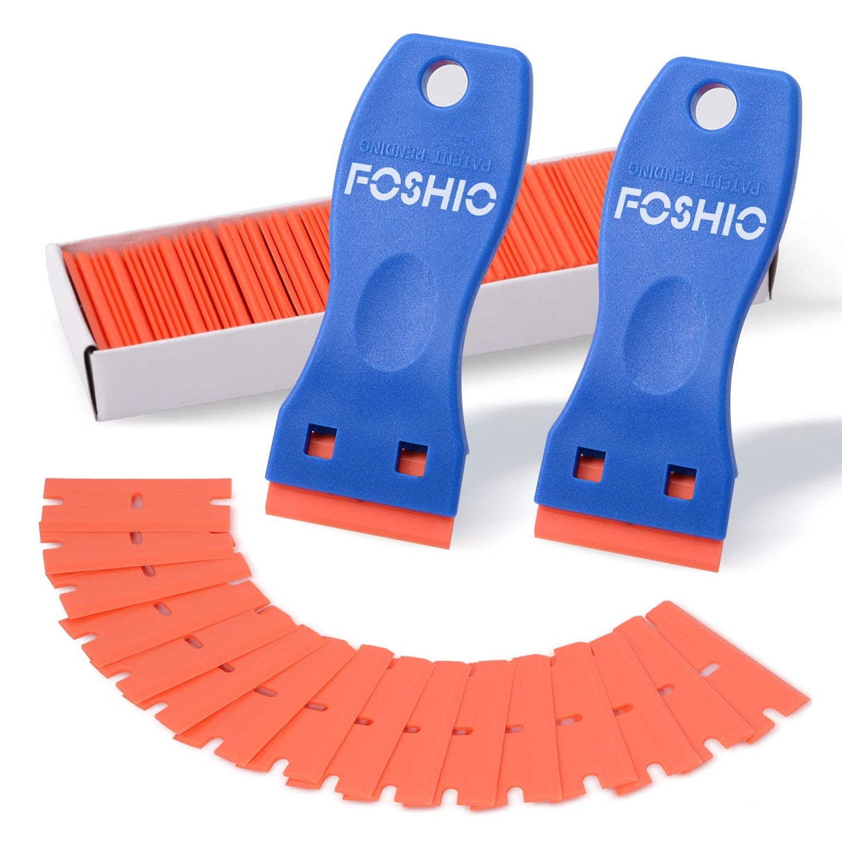 FOSHIO Plastic Razor Blade Scraper Include 2PCS Scraper Tool and 100PCS Blades for Gasket Remover, Labels Decal and Adhesive Remover for Windows and Glass,Blue FOSHIO