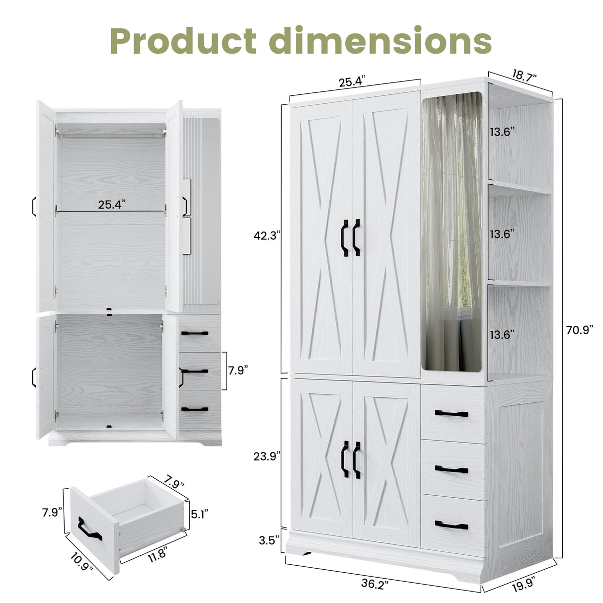 ANCTOR Armoire Wardrobe Closet with Mirror, 70.9" H × 36.2" W, Bedroom Armoires with 4 Doors, 3 Drawers and Shelves, Large Clothing Storage Cabinet for Hanging Clothes, White ANCTOR