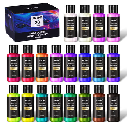 Artme Iridescent Acrylic Paint Set, 20 Chameleon Colors in 2 oz/60ml Bottles, Color-shifting Acrylic Paint, Color Change Paint Perfect for Artists, Beginners on Canvas, Rocks, Wood, Fabric, C - WoodArtSupply