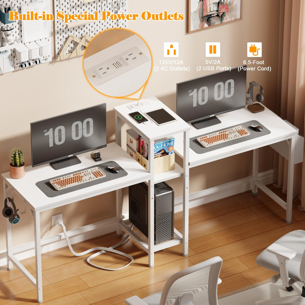 Furologee Double Desk with Power Outlets, 71 Inch Computer Desk with Storage Bag and Headphone Hooks, Gaming Desk Study Writing Table for Home Office, White Furologee