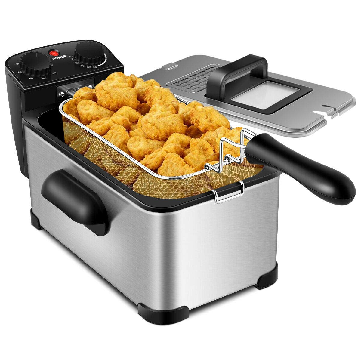 COSTWAY Deep Fryer with Basket, 3.2Qt Stainless Steel Electric Oil Fryer w/Adjustable Temperature, Timer, Lid with View Window, Professional Style, Deep Fryer Pot for Home Use, French Fries, Chicken COSTWAY