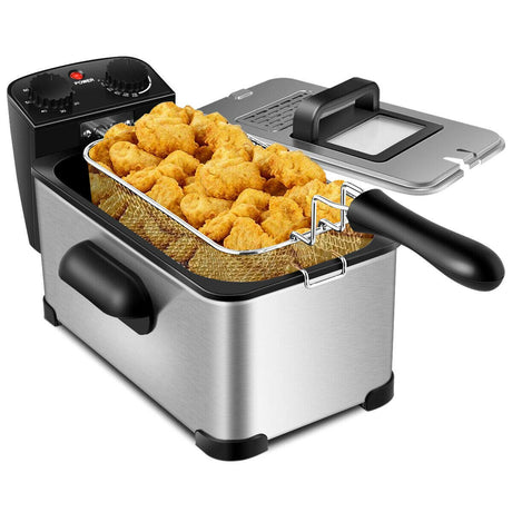 COSTWAY Deep Fryer with Basket, 3.2Qt Stainless Steel Electric Oil Fryer w/Adjustable Temperature, Timer, Lid with View Window, Professional Style, Deep Fryer Pot for Home Use, French Fries, Chicken COSTWAY