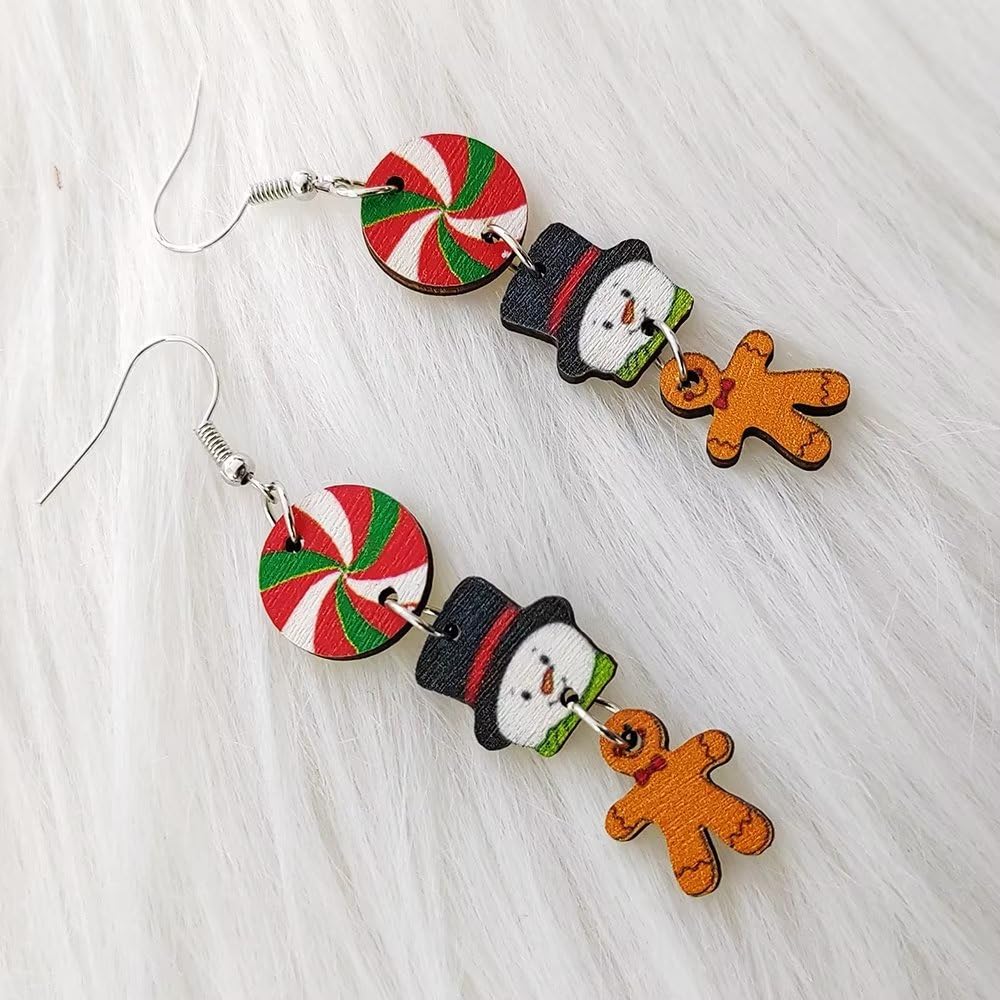 Zhang shine Christmas Theme Wooden Earrings for Women Snowman Santa Gingerbread Man Candy Gift Dangle Earrings for Christmas Holiday Party Decorations