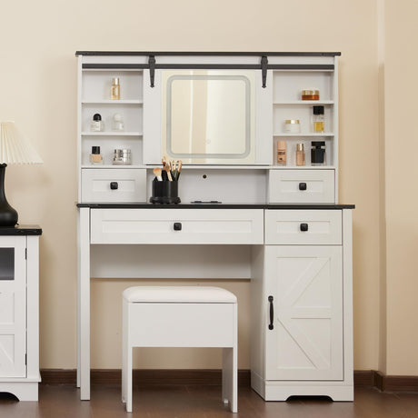 Farmhouse Makeup Vanity Desk with Electrical Outlet, Sliding Mirror and LED Lights, Adjustable Light Color Brightness, 42-Inch Tabletop Dresser, Multiple Storage Space, Dresser Set with a Stool, White Winlice