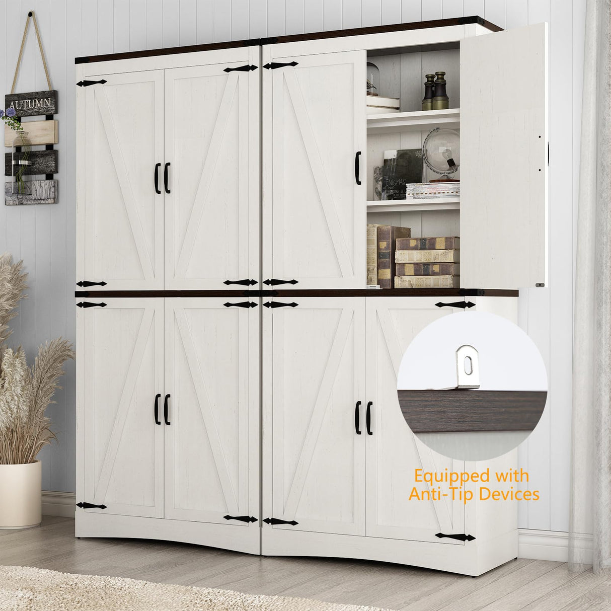 Hlivelood 71in Farmhouse Tall Storage Cabinet with Adjustable Shelves and Barn Doors in White Hlivelood