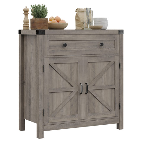 HOSTACK Coffee Bar Cabinet, Modern Farmhouse Buffet Sideboard with Drawer and Adjustable Shelf, Barn Door Storage Cabinet for Kitchen, Dining Room, Bathroom, Entryway, Ash Grey HOSTACK