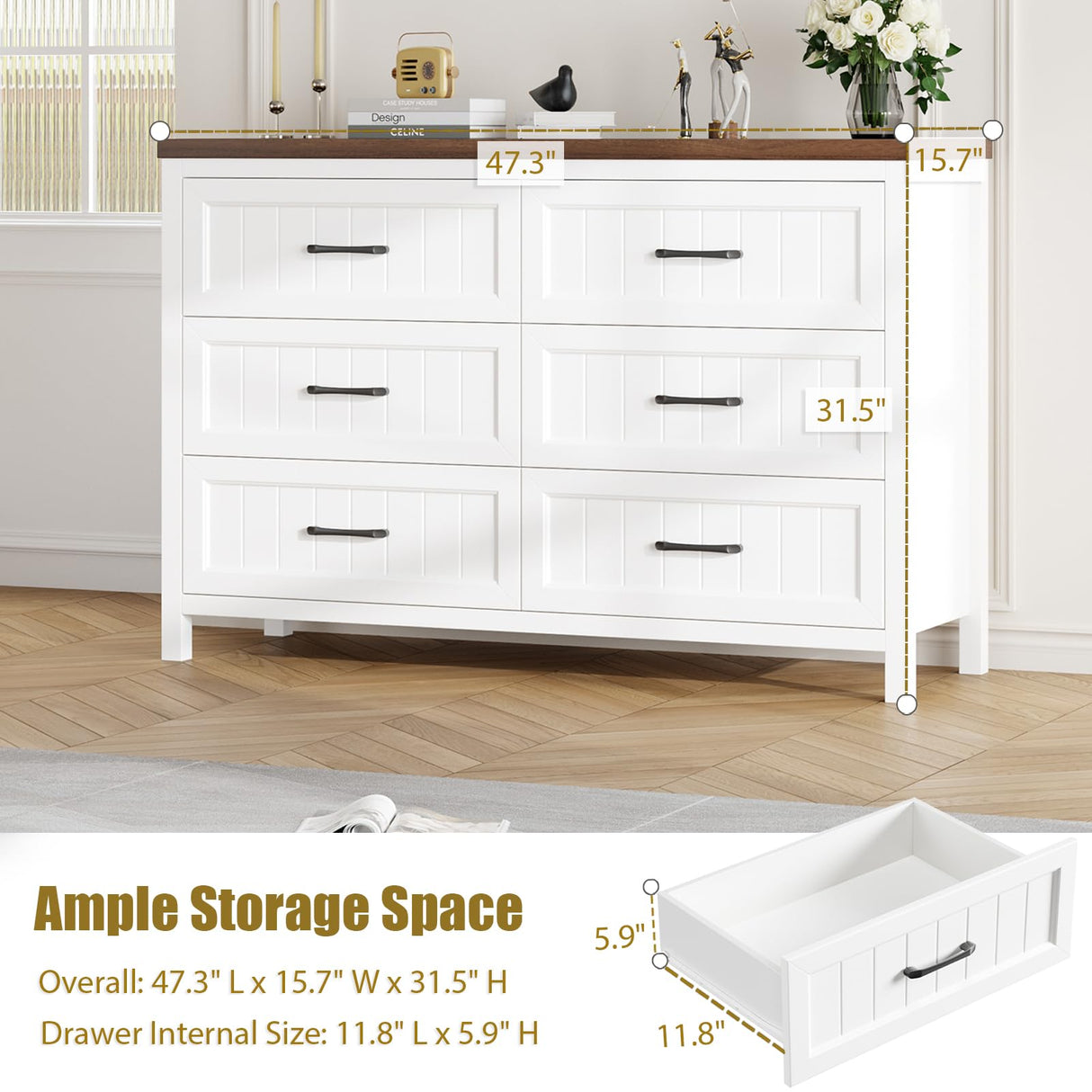 Jocoevol Farmhouse Dresser 6 Drawer Dresser for Bedroom, Large Wooden Dressers Double Grey Dresser with Deep Drawers Dressers for Hallway, Entryway (White and Brown) Jocoevol