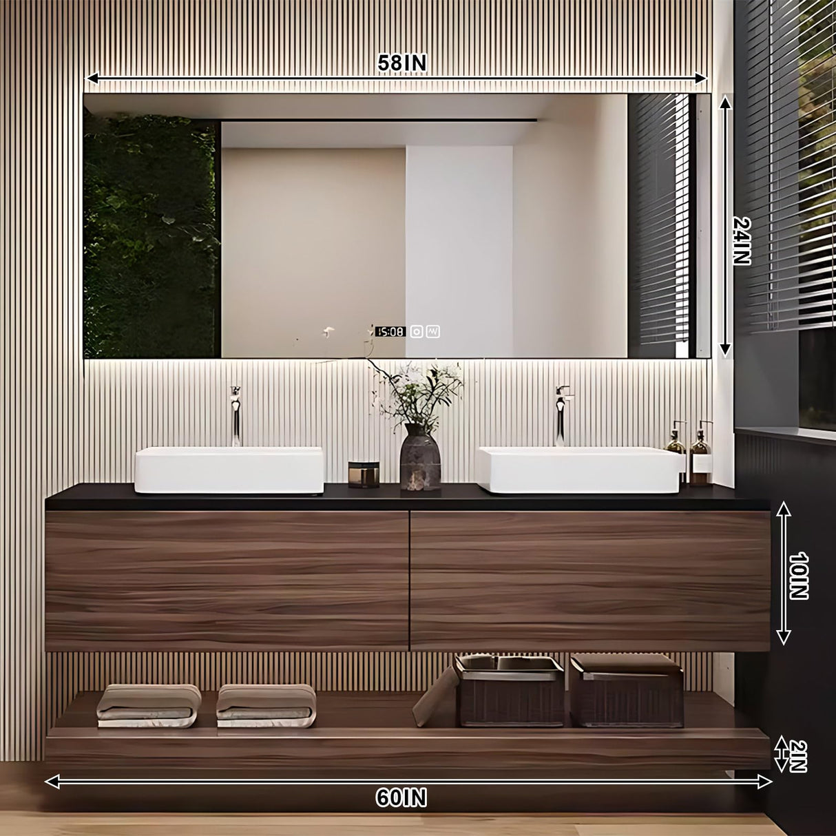 High QLO 60 Inch Bathroom Vanity with Double Sinks - Floating Log Style Modern Panel Design,Wall Mouted Cabinet with Double Ceramic Countertop Basins | Open Storage Rack and LED Smart Defog Mirror High QLO