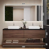 High QLO 60 Inch Bathroom Vanity with Double Sinks - Floating Log Style Modern Panel Design,Wall Mouted Cabinet with Double Ceramic Countertop Basins | Open Storage Rack and LED Smart Defog Mirror High QLO