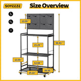 SOYEEZE Large Size Fishing Rod Holders for Garage, 3-Tier Fishing Pole Rack with Pegboard and Hooks, Fishing Gear Tackle Box Organizer Up to 12 Rods, Rolling Fishing Storage Cart with Lockable Wheels SOYEEZE