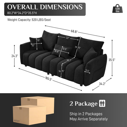 Wrofly Teddy Cloud Sofa Couch, Modern Deep Seat Boucle Sofa, 80.2" Comfy Upholstered Sherpa 3 Seater Couch with 3 Pillows, Oversized Loveseat for Living Room Apartment Office, Black