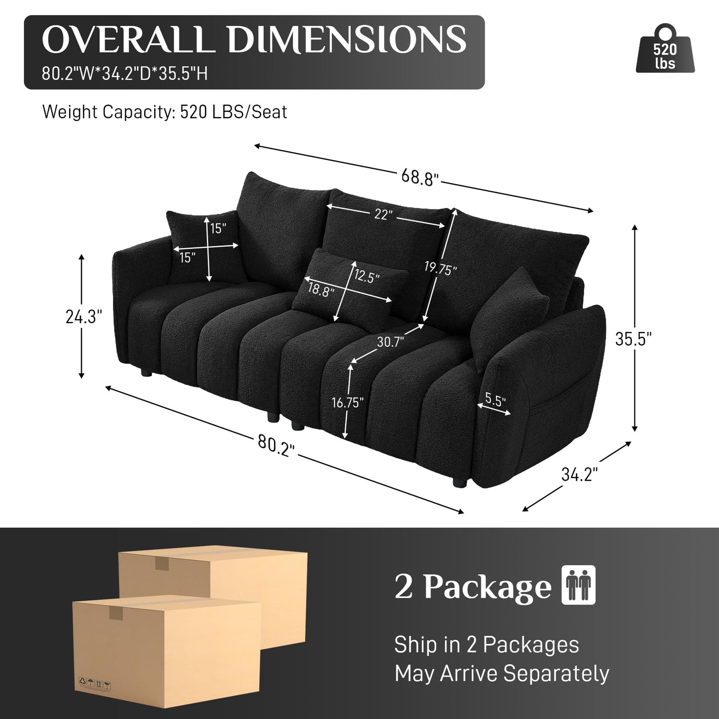 OUYESSIR Boucle Sofa Cloud Couch, 80.2" Modern Comfy Teddy Sofa Deep Seat Futon Couch with Pillows, Soft Upholstered 3 Seater Sofa Oversized Loveseat Sofas for Living Room, Apartment, Black