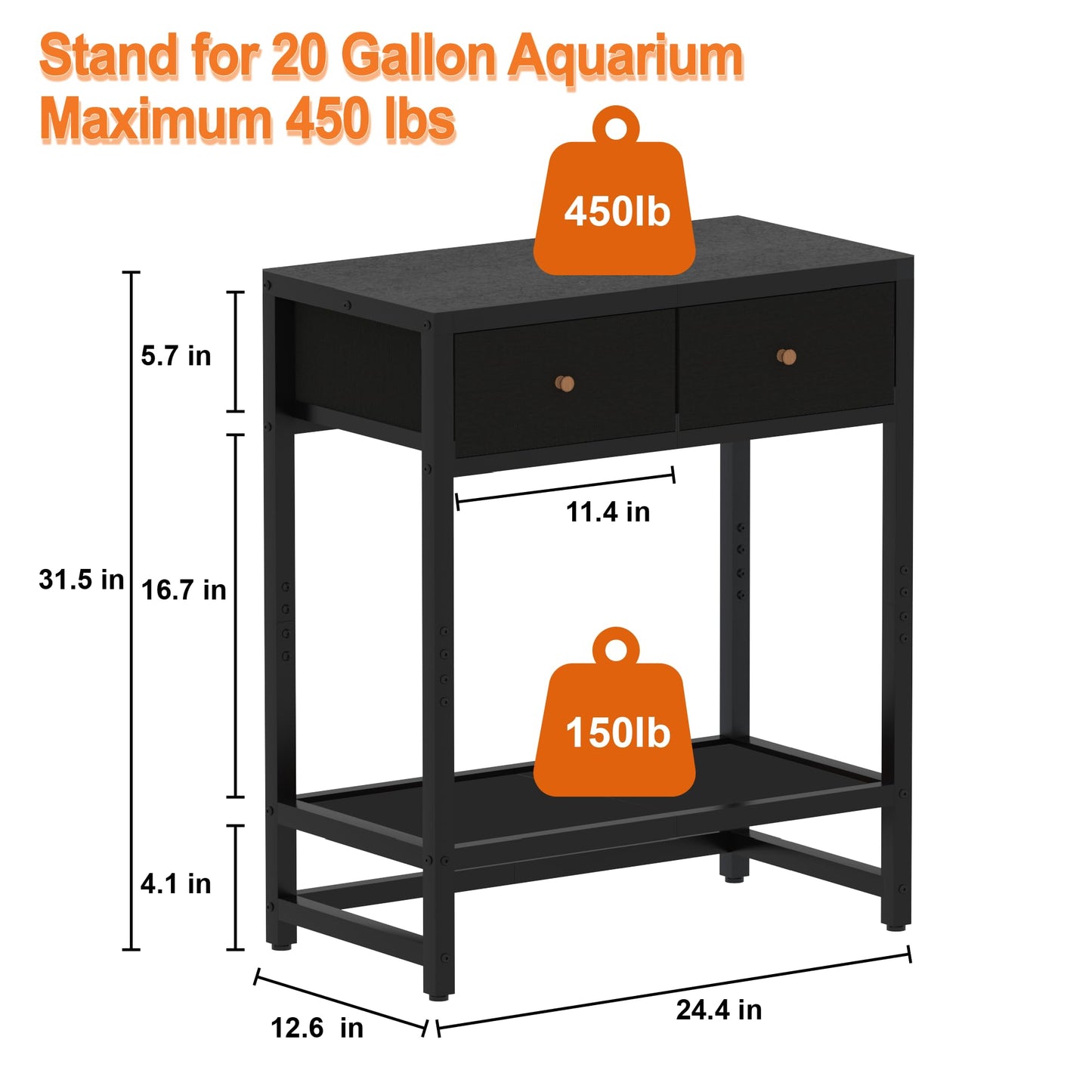 20 Gallon Fish Tank Stand with Comes with 2 Storage Boxes, 3 Tiers Heavy Duty Metal Aquarium Stand, Breeder Tank Turtle Reptile Terrariums Stand Rack，Black