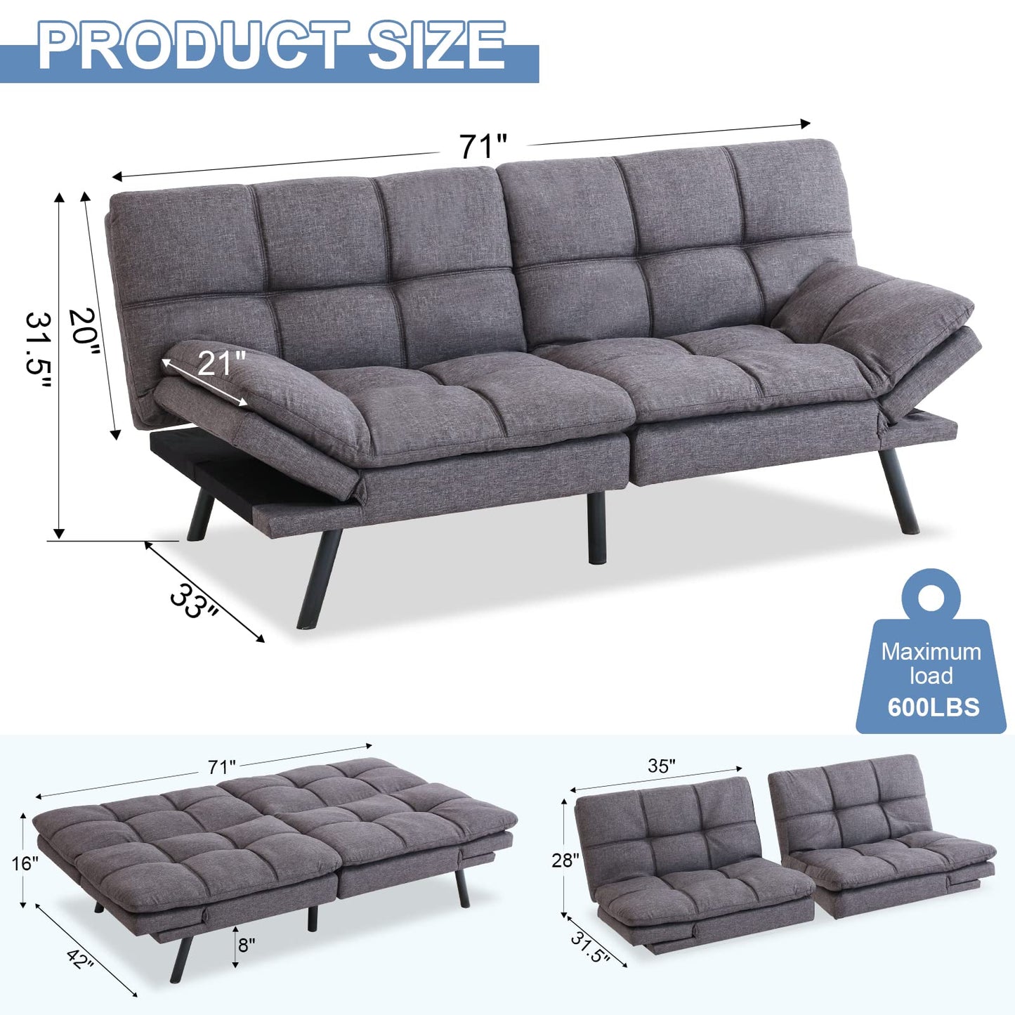 MUUEGM Futon Sofa Bed,Memory Foam Modern Convertible Couch Bed,Folding Futon Sleeper Couch with Compact Living Space,Apartment,Dorm,Bonus Room,71" D x 33" W x 31.5" H,Grey