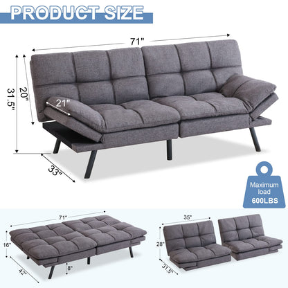 MUUEGM Futon Sofa Bed,Memory Foam Modern Convertible Couch Bed,Folding Futon Sleeper Couch with Compact Living Space,Apartment,Dorm,Bonus Room,71" D x 33" W x 31.5" H,Grey