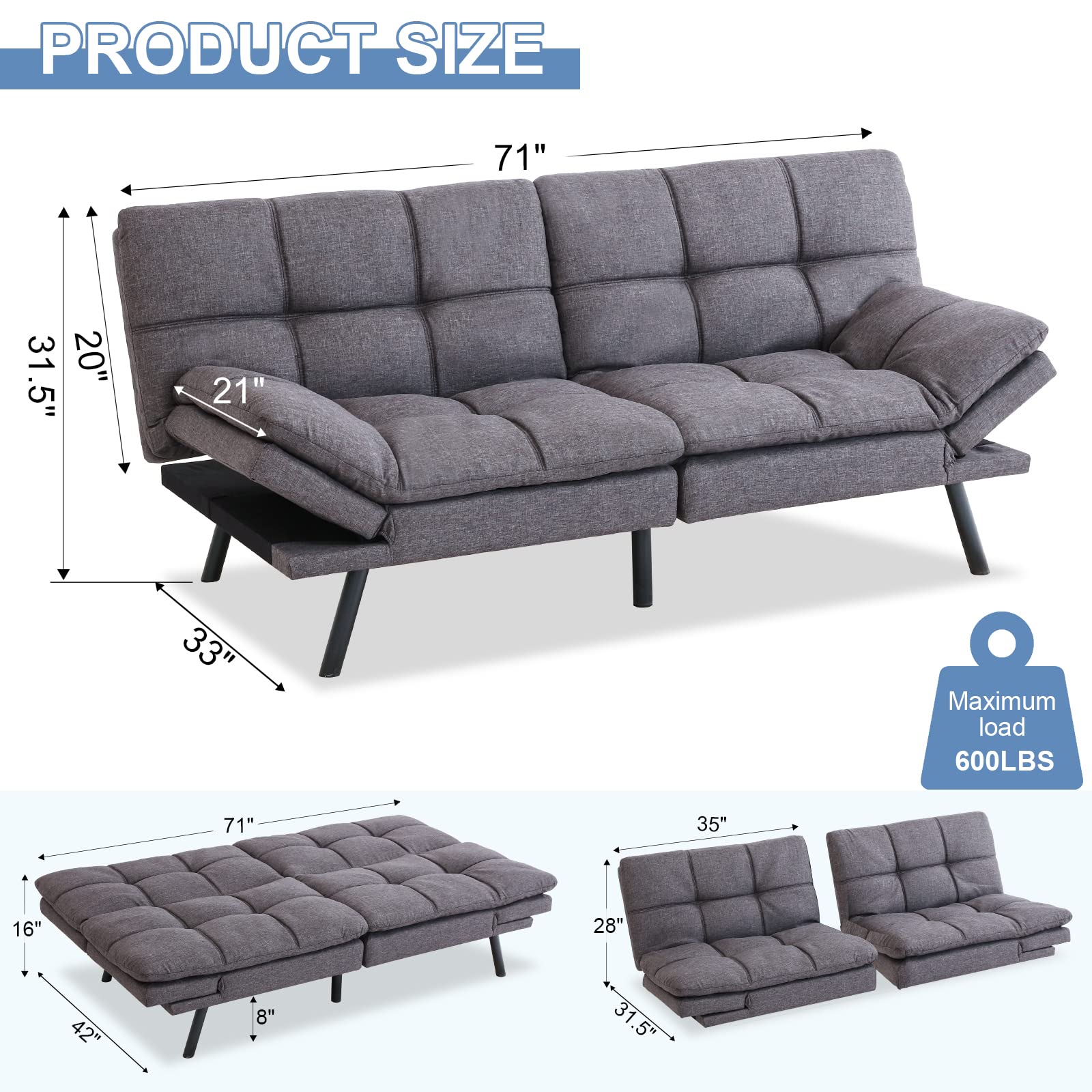 MUUEGM Futon Sofa Bed Couch Memory Foam Futon Convertible Couch Bed Sleeper,Modern Love Seat Daybed Sofa for Living Room,Small Space,Office,71",Adjustable Backrests Armrests,Grey - WoodArtSupply