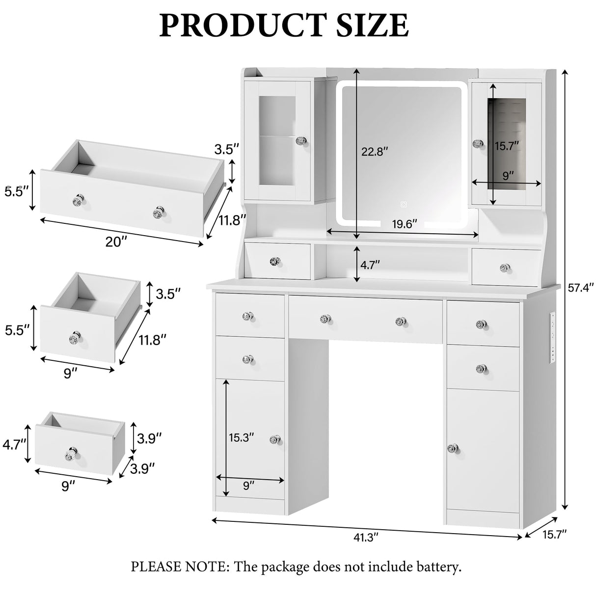 Vanity Desk with Mirror & Lights, 42‘’ Large Makeup Vanity with 2 RGB Jewelry Cabinets & 7 Drawers, White Vanity Table Set with Charging Station, Dressing Table with Lights Desk, 3 Light Modes ALEXNUTRE