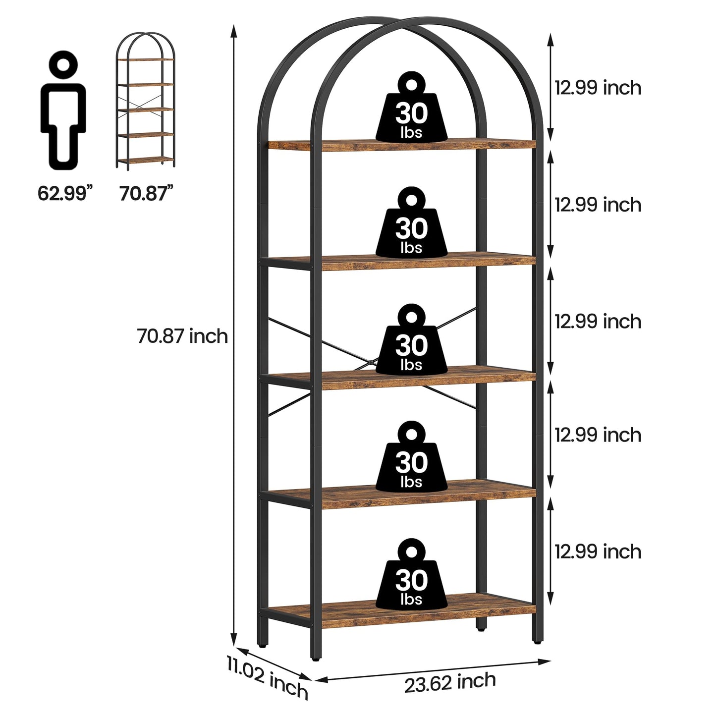 IDEALHOUSE Bookshelf 5 Tier Bookcase Arched Display Racks Tall Standing Bookshelves Metal Frame Rustic Storage Rack Shelf Brown Book Shelf for Bedroom, Living Room, Home Office, Rustic Brown - WoodArtSupply