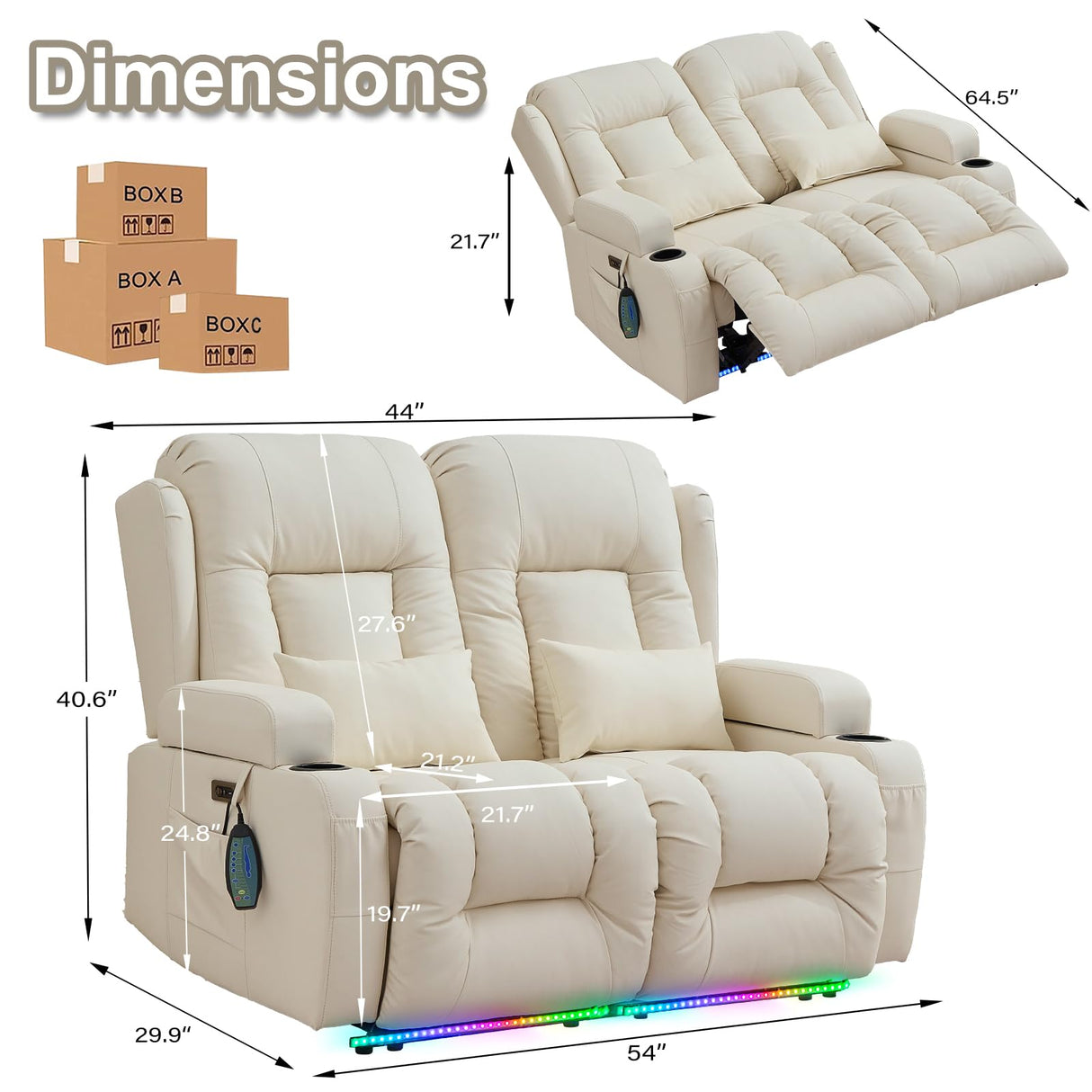 TUNYI Power Loveseat Recliner Sofa - Home Theater Seating with Massage & Heat Faux Leather RV Recliner Loveseat Sofa with USB/Cup Holder/Side Pocket/LED Light/Pillow (Cream White) TUNYI