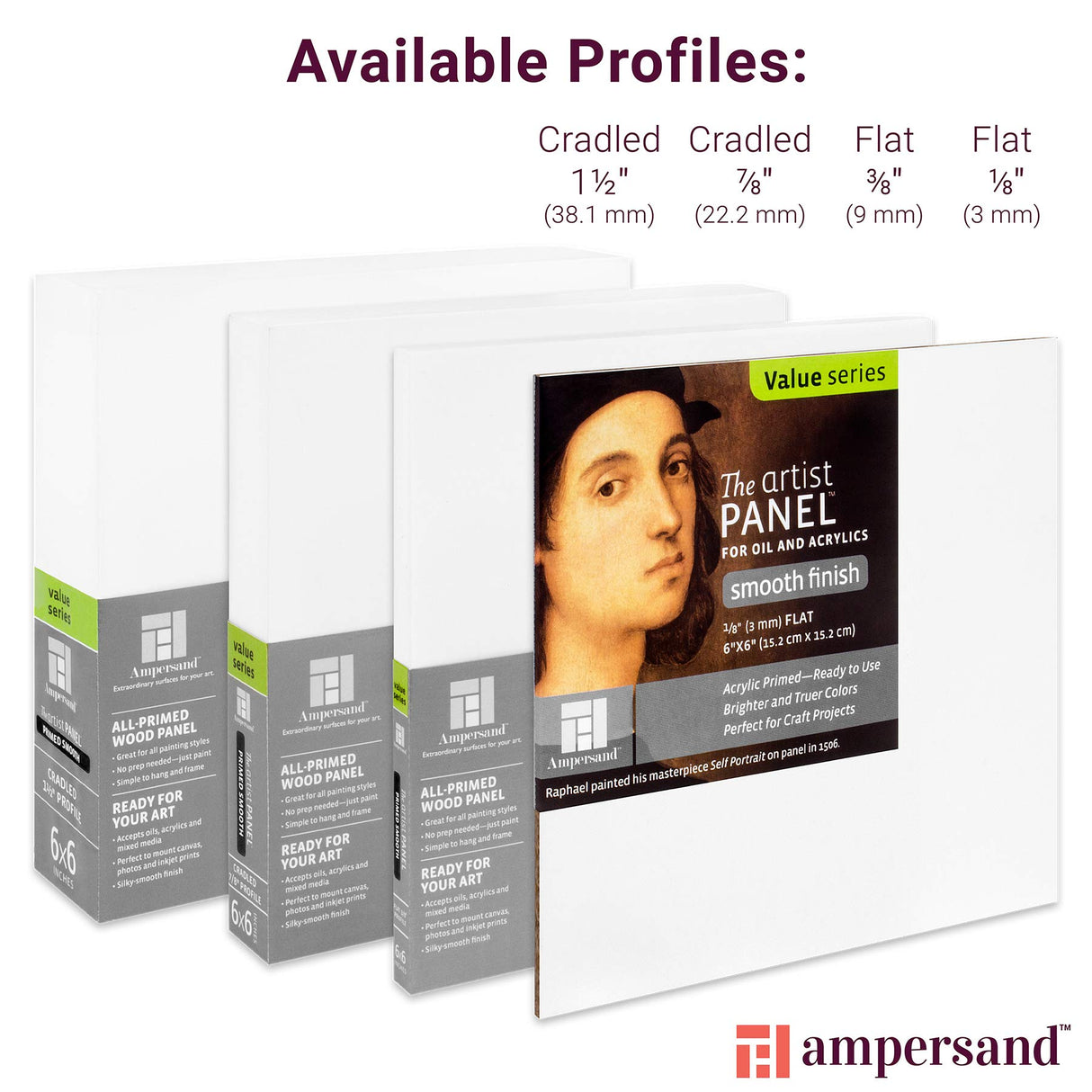 Ampersand Art Supply Wood Gesso Artist Painting Panel: Primed Smooth, 12" x 12", 1/8" Flat Profile Ampersand Art Supply