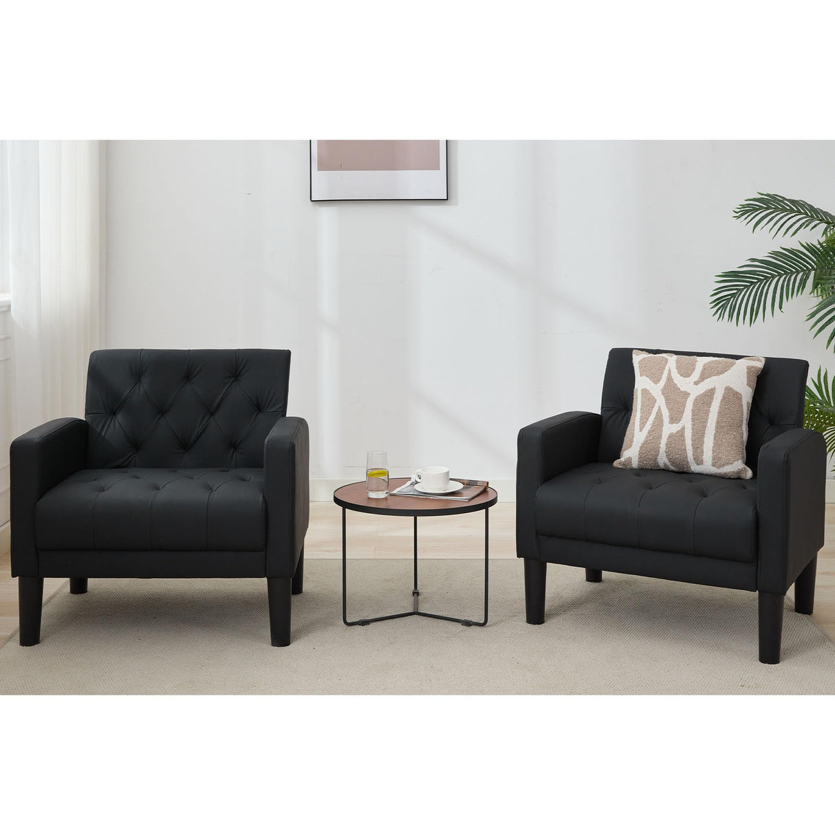 TYBOATLE Accent Chairs Set of 2 Comfy Living Room Chair Black Leather Tufted Mid Century Modern Accent Chair, Small Cozy Reading Arm Chair for Office, Bedroom (2, Black) TYBOATLE