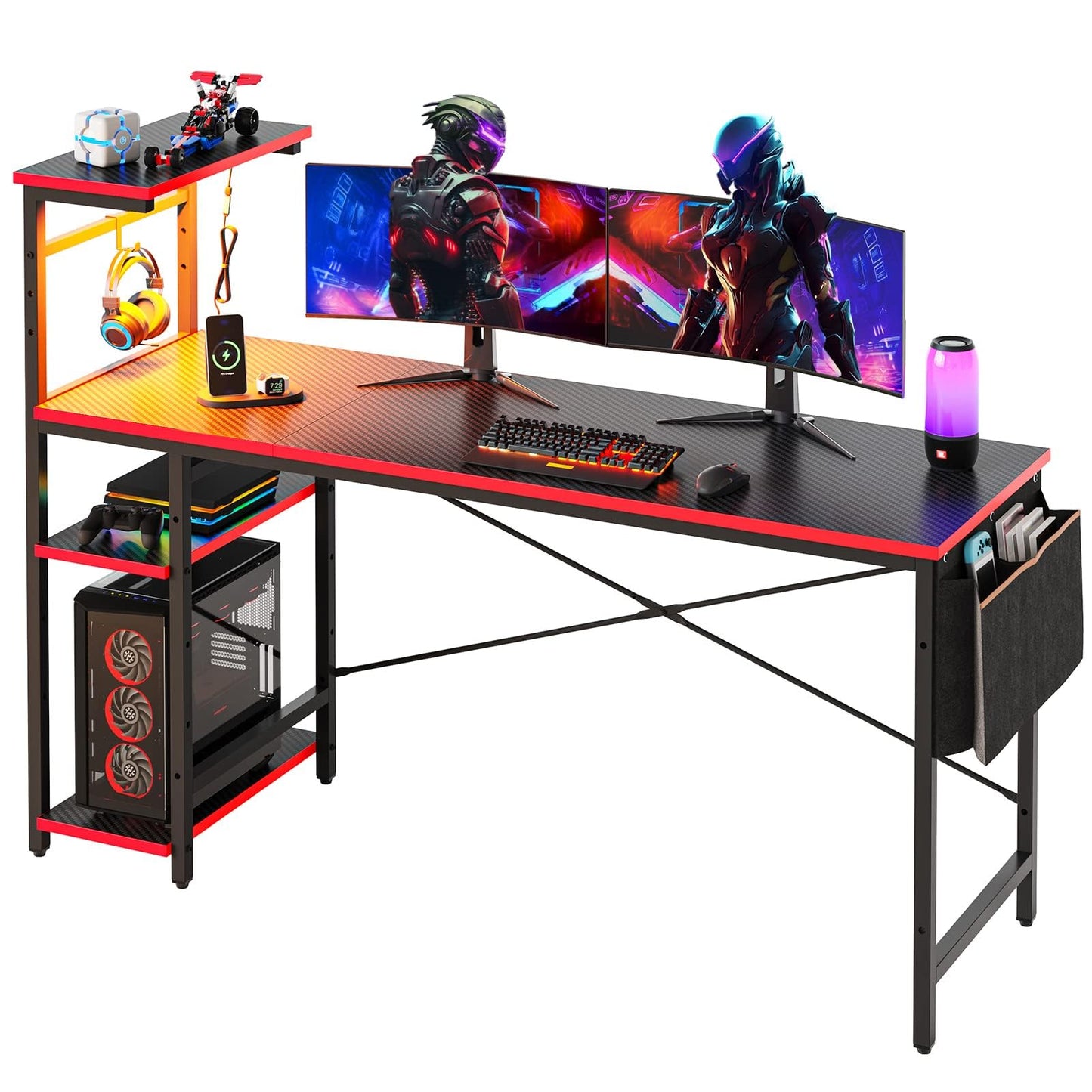 Bestier 61 Inch Gaming Desk with LED Lights, Reversible Shelves, Height Adjustable Shelf, Steel Frame, CARB P2 Class Board, Black Grained