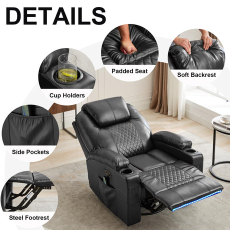 DUNELLA Power Swivel Rocker Recliner Chair for Adults with Heat and Massage, LED Lights, USB and Type-C Ports, Electric Glider Recliner Nursery Chair for Living Room(Black, Single Sofa) DUNELLA