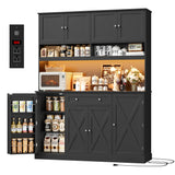 HIFIT 72.8” Tall Kitchen Pantry Cabinet with LED & Charging Station, 55” Wide Farmhouse Pantry Storage Cabinet with Microwave Stand&Shelves&Barn Doors, Black Kitchen Hutch Coffee Bar for Living Room HIFIT