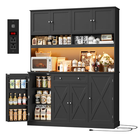 HIFIT 72.8” Tall Kitchen Pantry Cabinet with LED & Charging Station, 55” Wide Farmhouse Pantry Storage Cabinet with Microwave Stand&Shelves&Barn Doors, Black Kitchen Hutch Coffee Bar for Living Room HIFIT