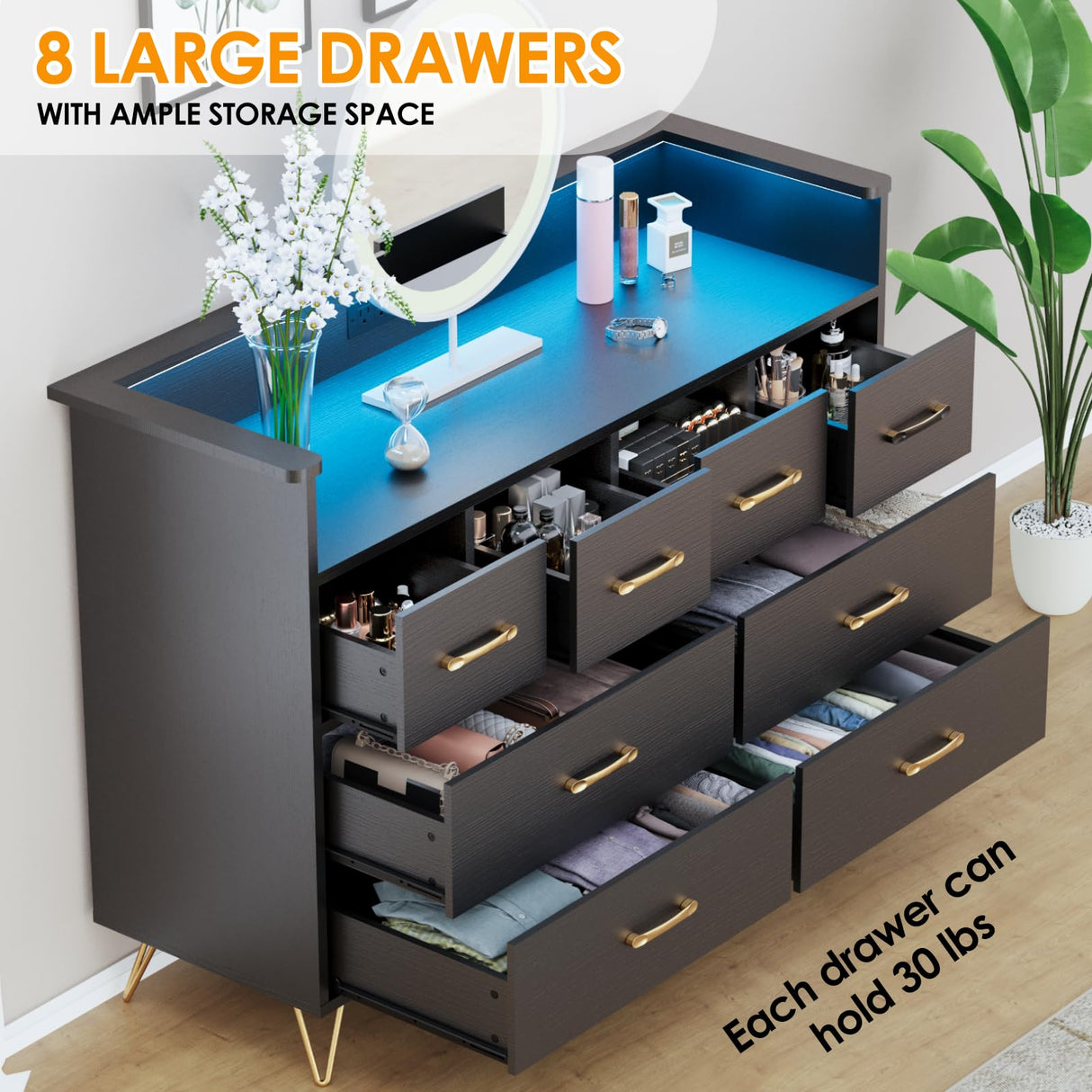 Black Dresser with Power Outlet and LED Lights, Wood 8 Drawer Dresser for Bedroom, Modern Chest of Drawers with Gold Handles and Open Storage Space for Closet, Living Room, Entryway HarmoHaby