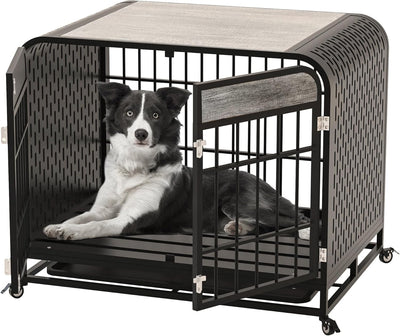 Snimoy Heavy Duty Dog Crate 42'', Furniture Style Large Dog Kennel, Wooden Dog Crate Table, Indoor Dog House Rustic Brown