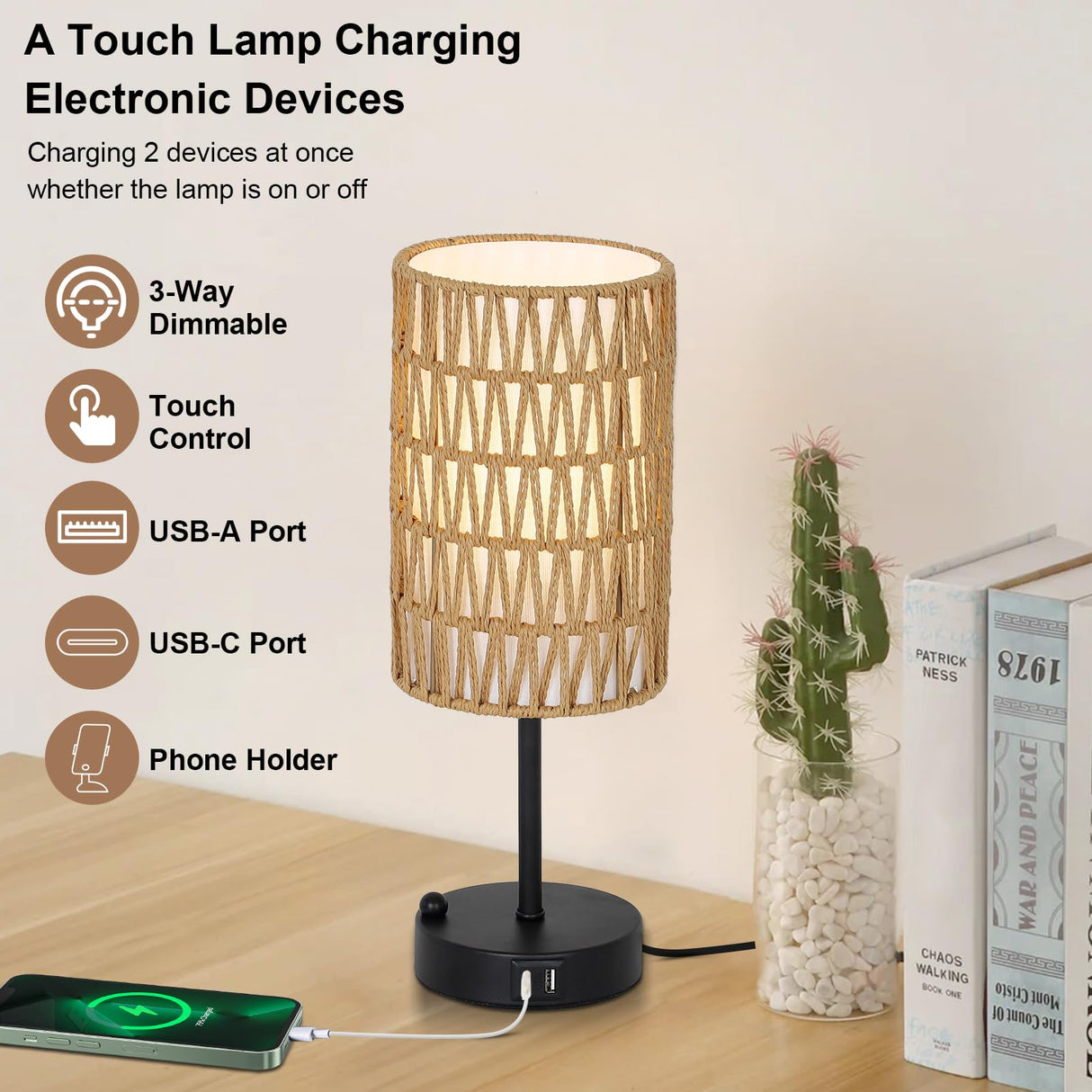 Touch Table Lamp For Bedroom with Bulb, Boho Small Desk Lamp For Living Room With Rattan & Linen Shade, 3 Way Dimmable Bedside Table Lamp For Nightstand With USB Charging Port & Phone Stand For Office Eayaya