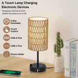 Touch Table Lamp For Bedroom with Bulb, Boho Small Desk Lamp For Living Room With Rattan & Linen Shade, 3 Way Dimmable Bedside Table Lamp For Nightstand With USB Charging Port & Phone Stand For Office Eayaya