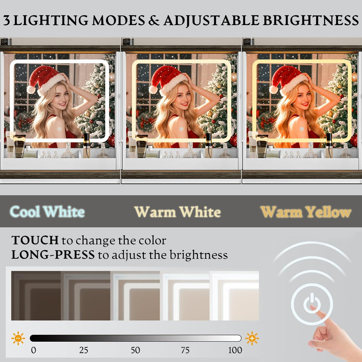 Vanity Desk with HD Lighted Mirror & Power Outlet, Farmhouse Makeup Vanity Table Set with Storage Drawers & RGB Cabinets, Large Dressing Table with 3 Lighting Modes for Women Girls Kids Bedroom, White Xixini