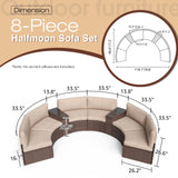 SUNSITT Outdoor Patio 8-Piece Half Moon Curved Furniture Sofa Set Brown Wicker Sectional Sofa Beige Cushions with 2 Side Table SUNSITT