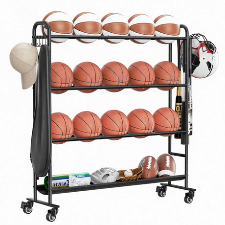 niffgaff Basketball Rack with Wheels – 4-Layer Outdoor Storage Rack for 7 Size Basketballs & Larger Balls, Garage Ball Organizer with Hooks niffgaff