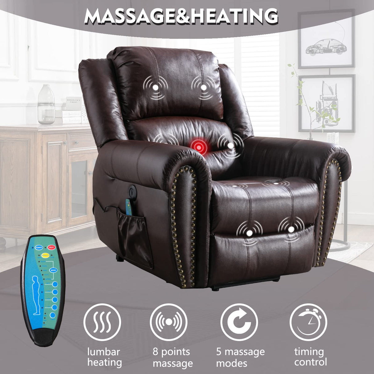 ANJ Large Power Lift Recliner Chairs with Massage and Heat, Faux Leather Electric Lift Chairs for Elderly People, Recliners for Big and Tall Man, Single Lounge Sofa with USB Port (Red Brown) ANJ