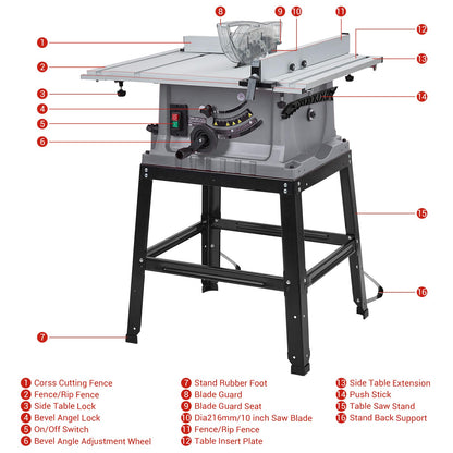 Table Saw, Towallmark 10 Inch 15A Multifunctional Saw with Stand & Push Stick, 90° Cross Cut & 0-45° Bevel Cut, 5000RPM, Adjustable Blade Height for Woodworking, Grey - WoodArtSupply